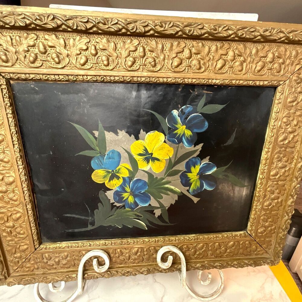 Pansy painting original on tin secret hinged back panel Victorian